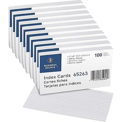 Business Source Index Cards Ruled 72 Lb. 5"x8" 500/BX White 65263BX