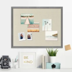 17.5" X 21.5" Woodgrain Framed Natural Linen Pinboard Rustic Gray - Sheffield Home