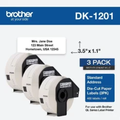 Brother Genuine DK1201 1.1” X 3.5” Die-Cut Standard White Address Labels 3 Pack DK-1201