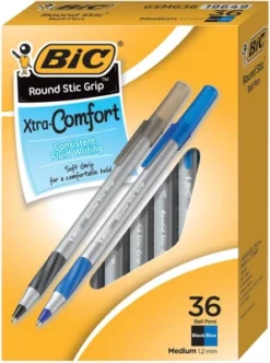 BIC Round Stic Grip Ballpoint Pen, 1.2 Mm Medium Tip, Black/Blue, Pack Of 36