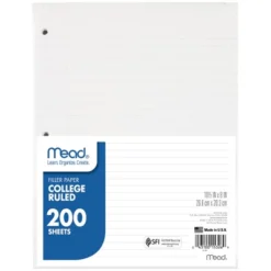 Mead Notebook Filler Paper, College Ruled, 200 Sheets Per Pack, 3 Packs