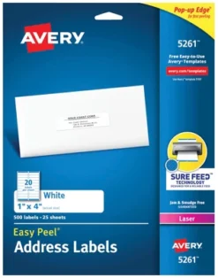 Avery Easy Peel Address Labels, Laser, 1 X 4 Inches, Pack Of 500
