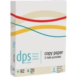 DPS By Staples Virgin 3 Hole Punch Paper LETTER-Size 20 Lb. 8 1/2"H X 11"W 500/RM DPS08511P