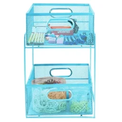 Mind Reader Metal Mesh Organizer [2 TIER] Slide Out Basket Drawer For Kitchen, Bathroom, Office Desk (BLACK)